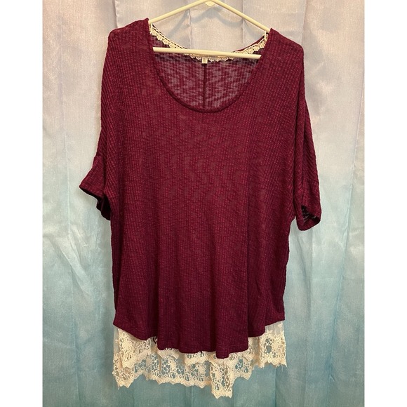 Jolt Sweaters - Women's JOLT Maroon 1/2 Sleeve Sweater w/ Cream Lace Bottom Under Shirt